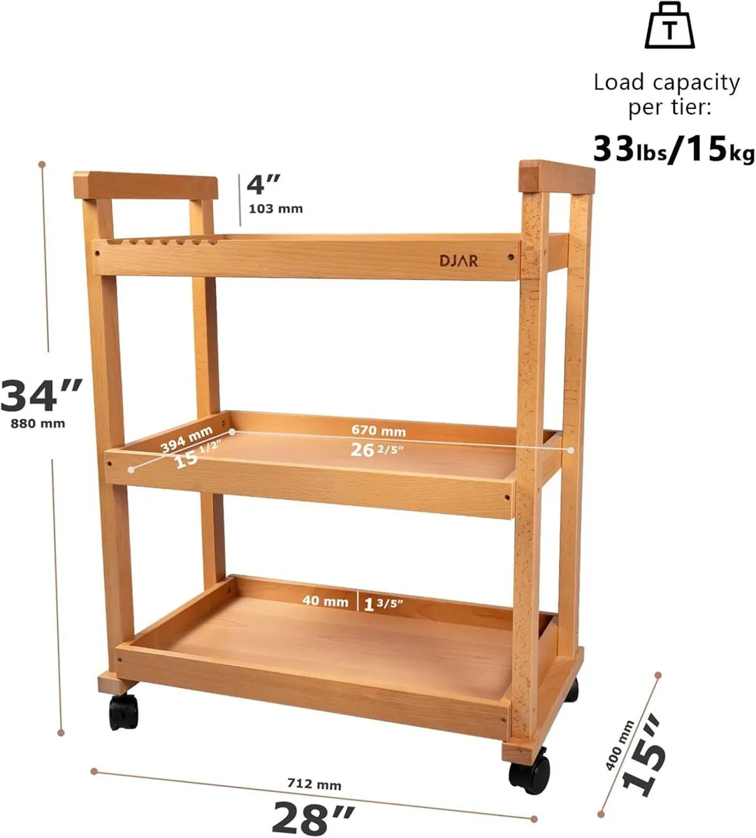 Rolling Art Cart Solid Beech Wood Utility - Image 3