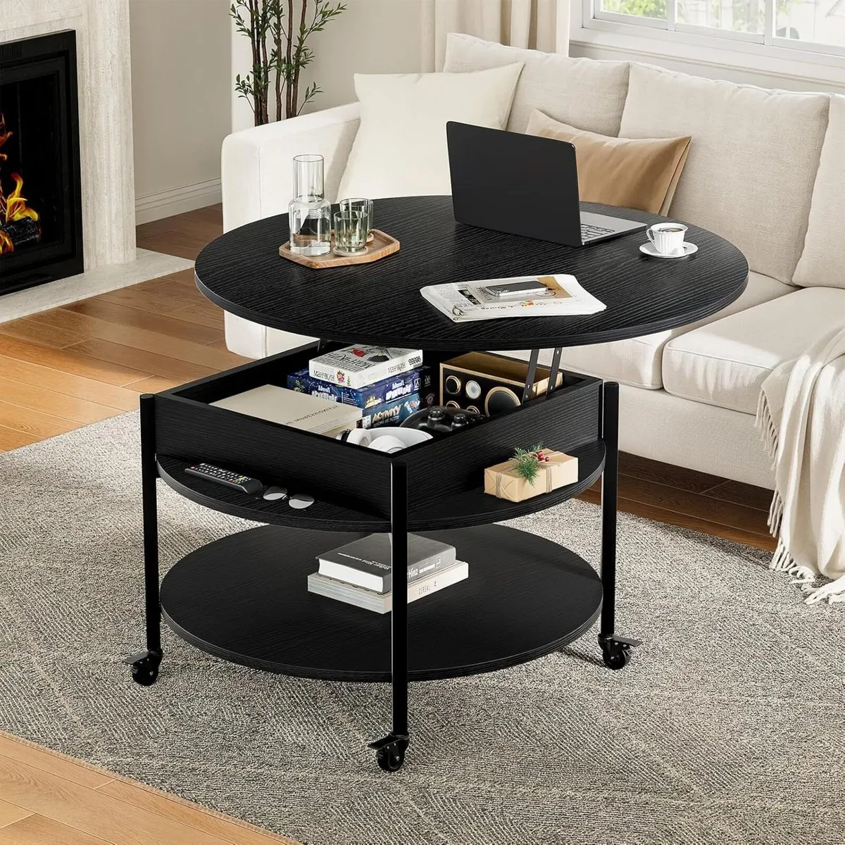 Espresso Round Lift Top Coffee Table with Lockable - Image 2
