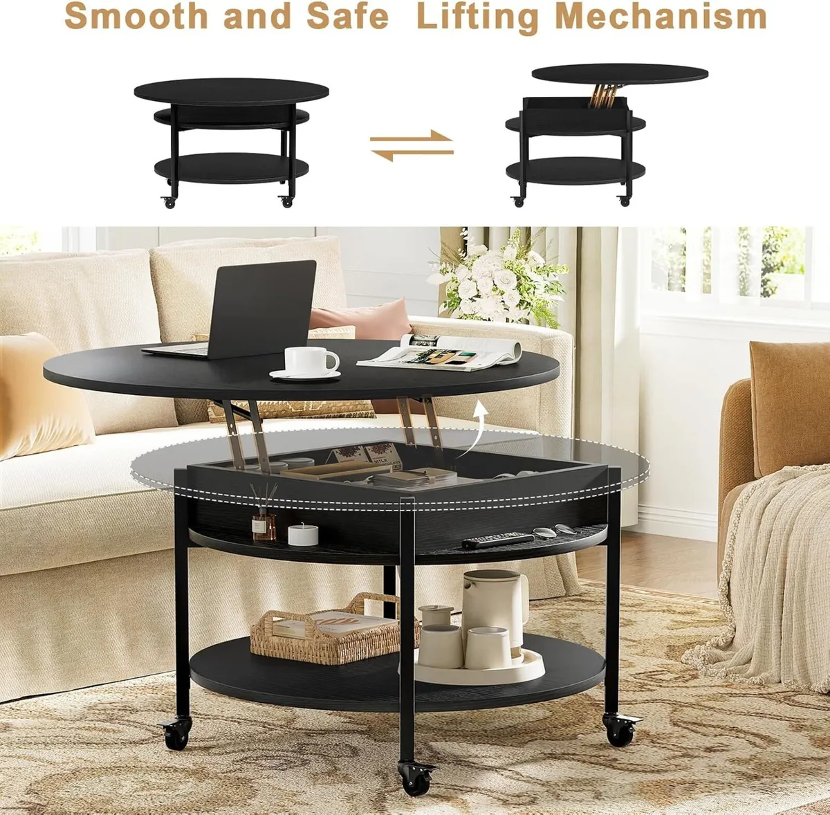 Espresso Round Lift Top Coffee Table with Lockable - Image 4
