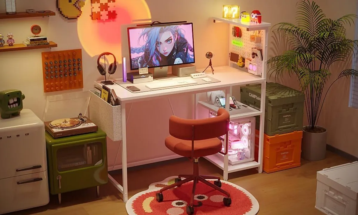 Gaming Desk with Pegboard Power Outlet LED Light - Image 2
