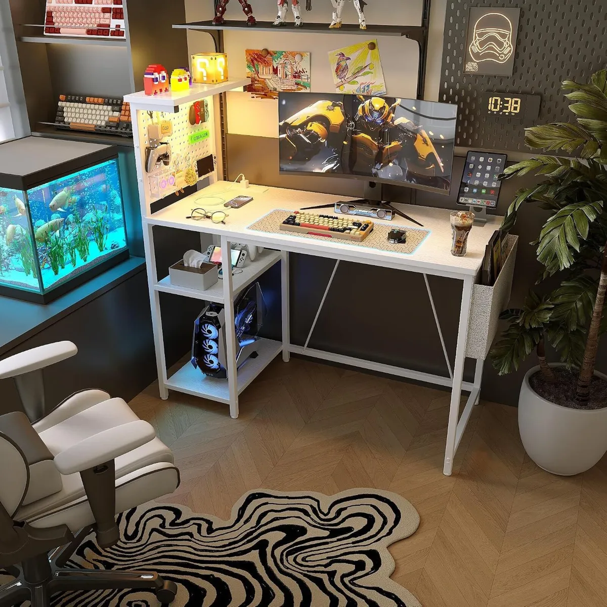 Gaming Desk with Pegboard Power Outlet LED Light - Image 4