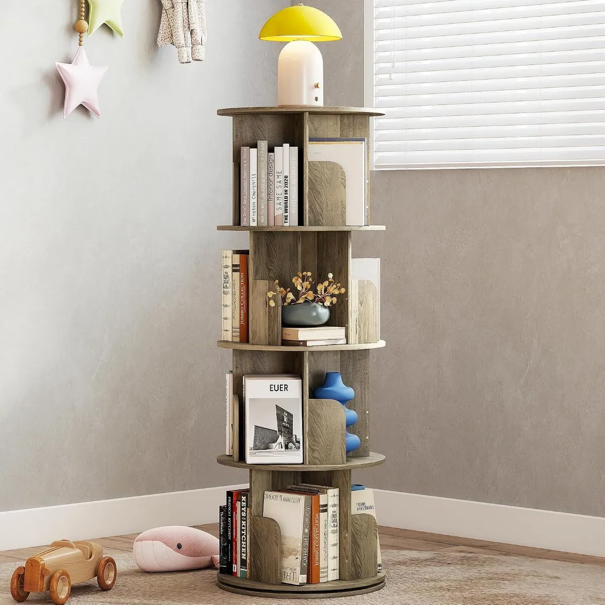 4-Tier Rotating Bookshelf Storage Rack Oak Colour - Image 1