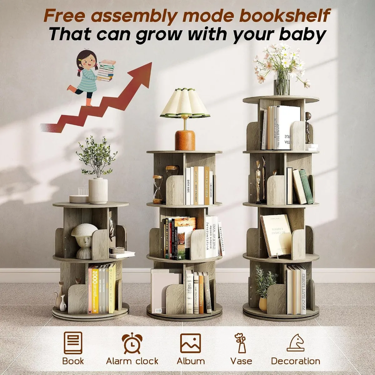 4-Tier Rotating Bookshelf Storage Rack Oak Colour - Image 3