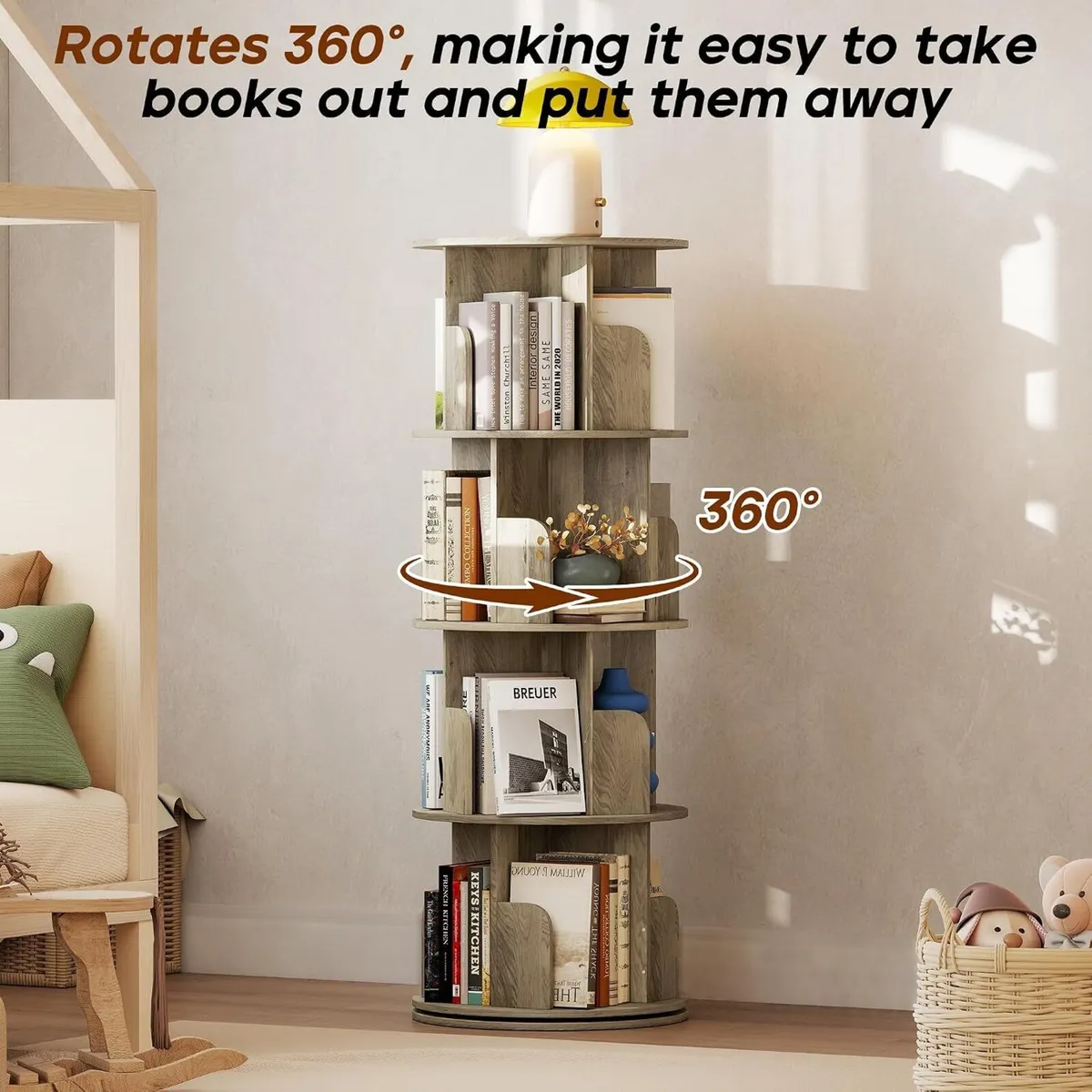 4-Tier Rotating Bookshelf Storage Rack Oak Colour - Image 4