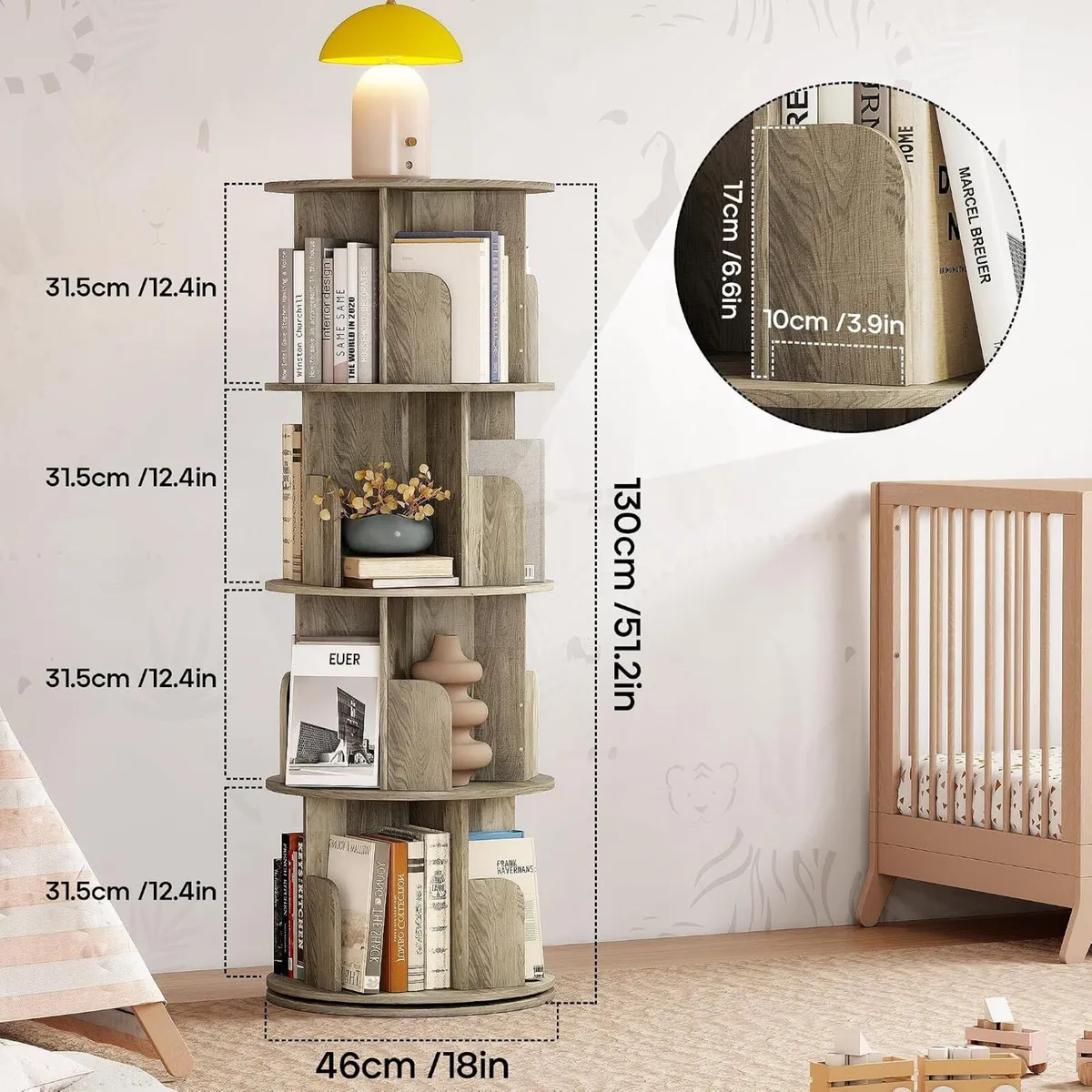 4-Tier Rotating Bookshelf Storage Rack Oak Colour - Image 2