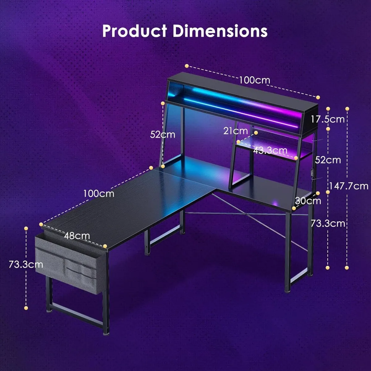 L Shaped Gaming Desk with LED Lights - Image 3