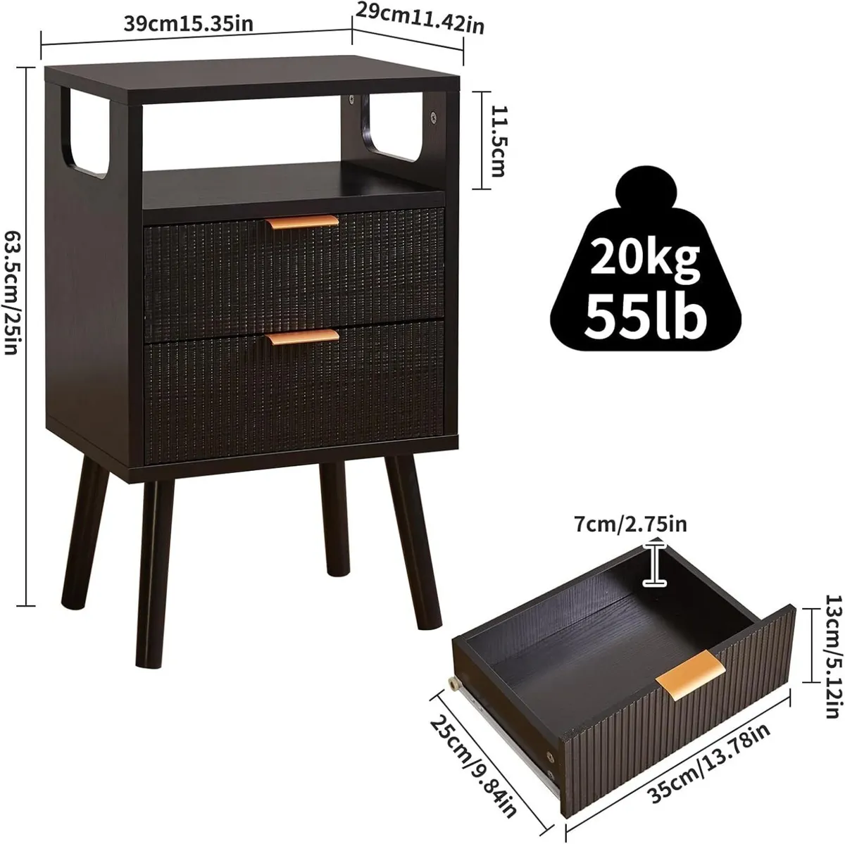 Nightstand Mid Century Modern Bedside Table with 2 - Image 3