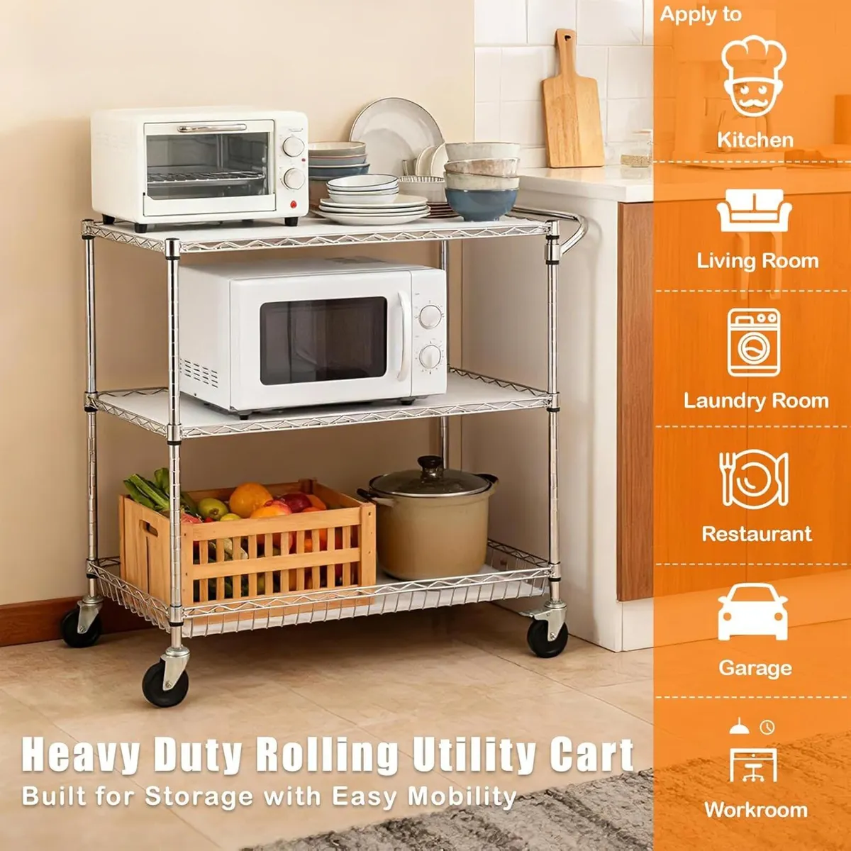 3-Tier Rolling Cart Utility Metal Wire D75 X - Image 2