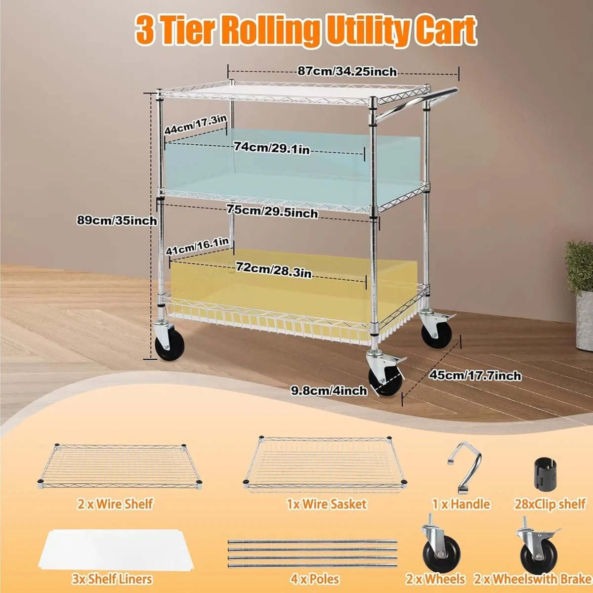 3-Tier Rolling Cart Utility Metal Wire D75 X - Image 3