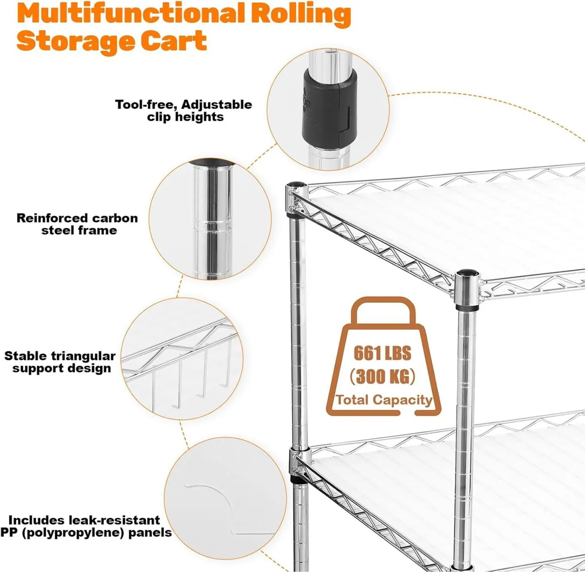 3-Tier Rolling Cart Utility Metal Wire D75 X - Image 4