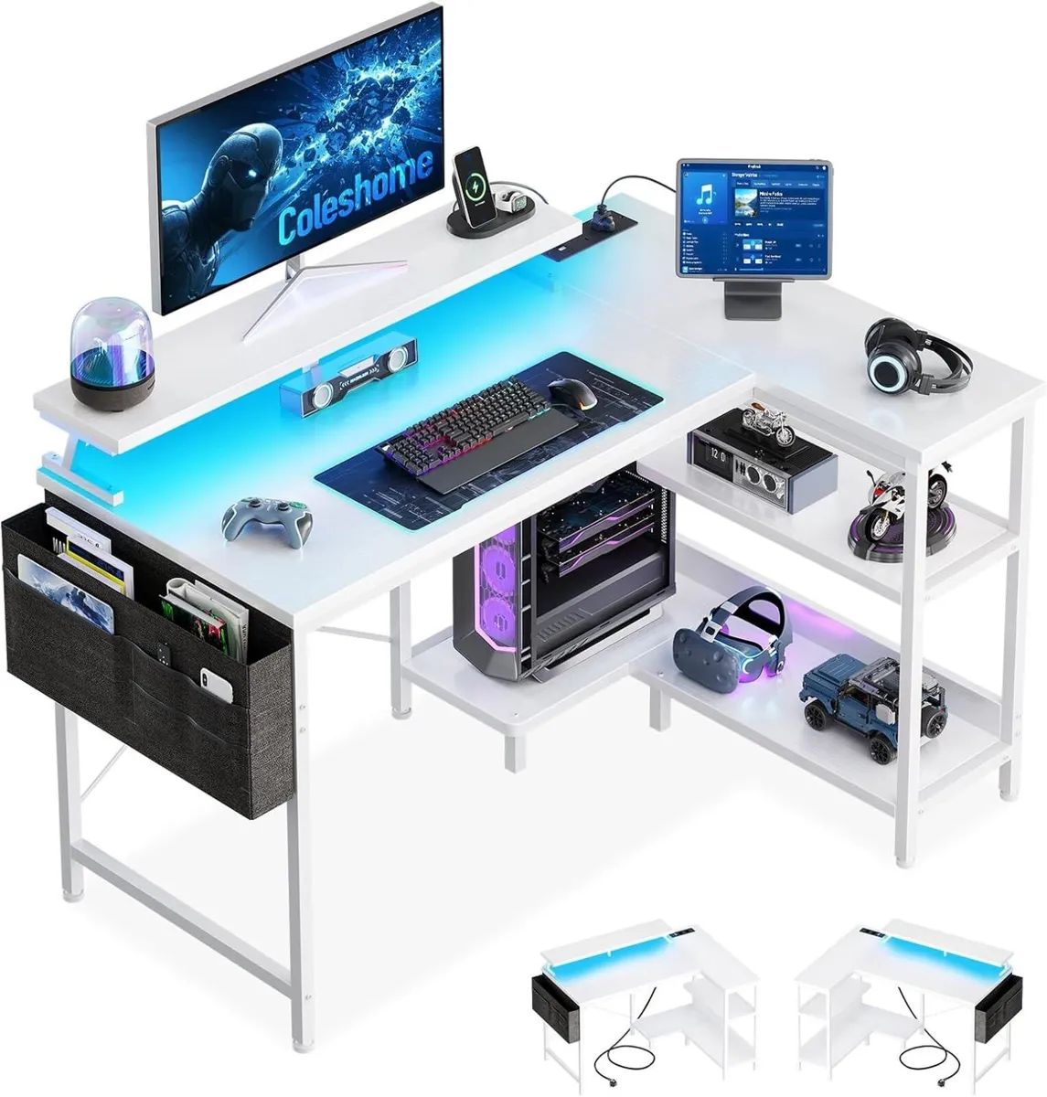 L Shaped Gaming Desk with LED Lights Power - Image 1