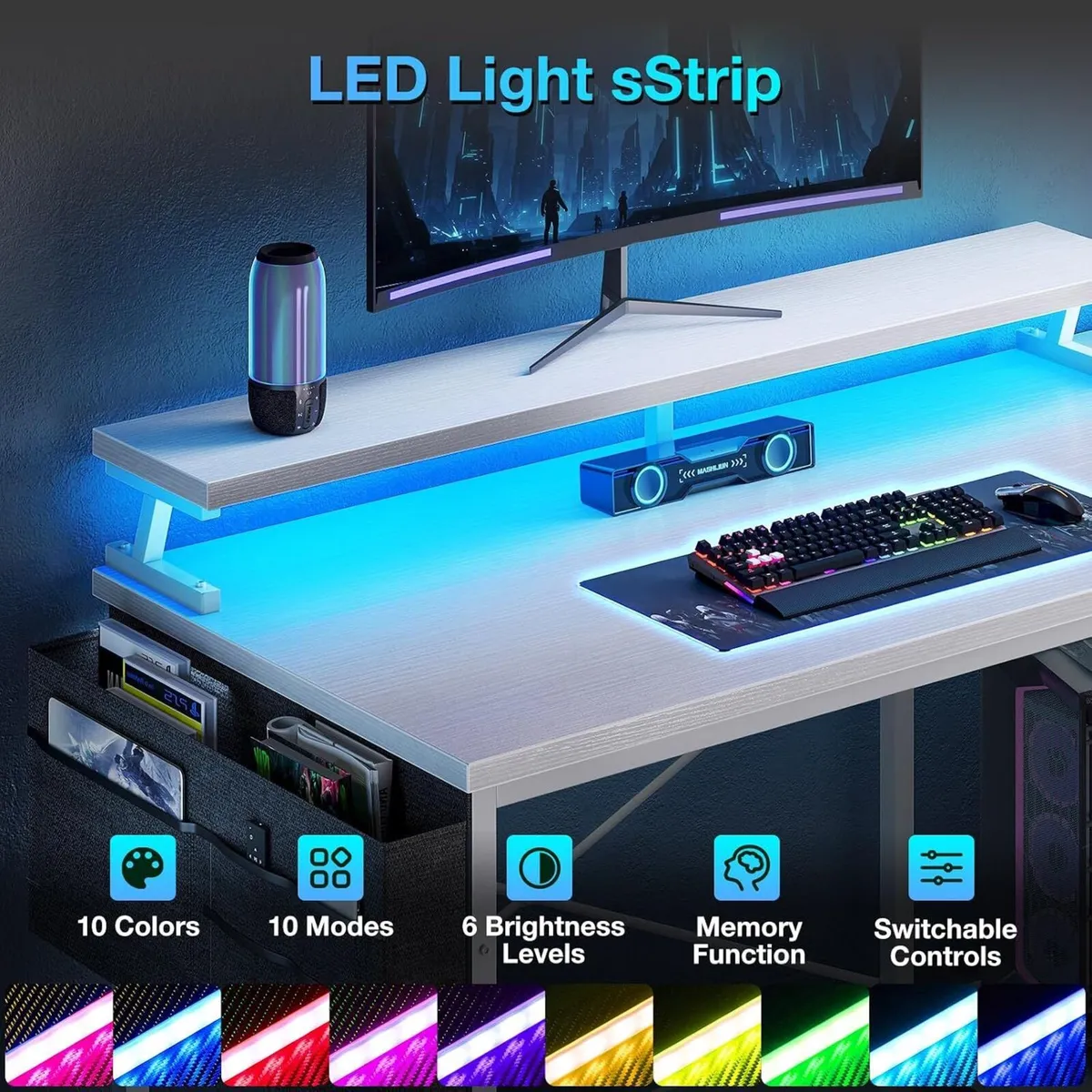 L Shaped Gaming Desk with LED Lights Power - Image 4
