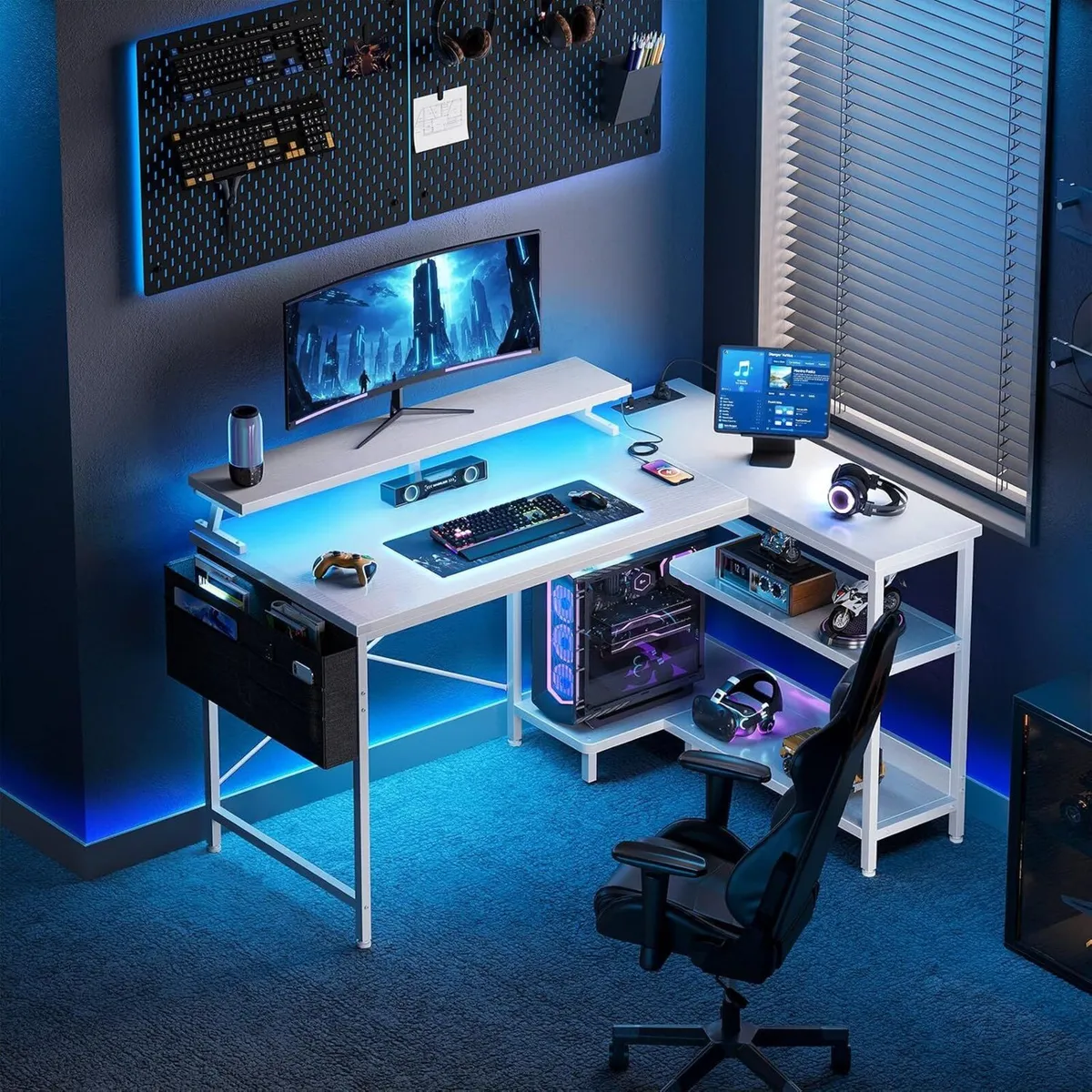 L Shaped Gaming Desk with LED Lights Power - Image 2