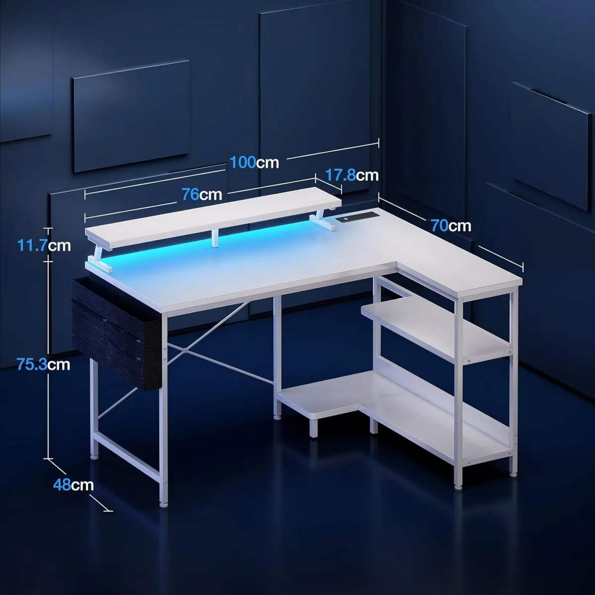 L Shaped Gaming Desk with LED Lights Power - Image 3