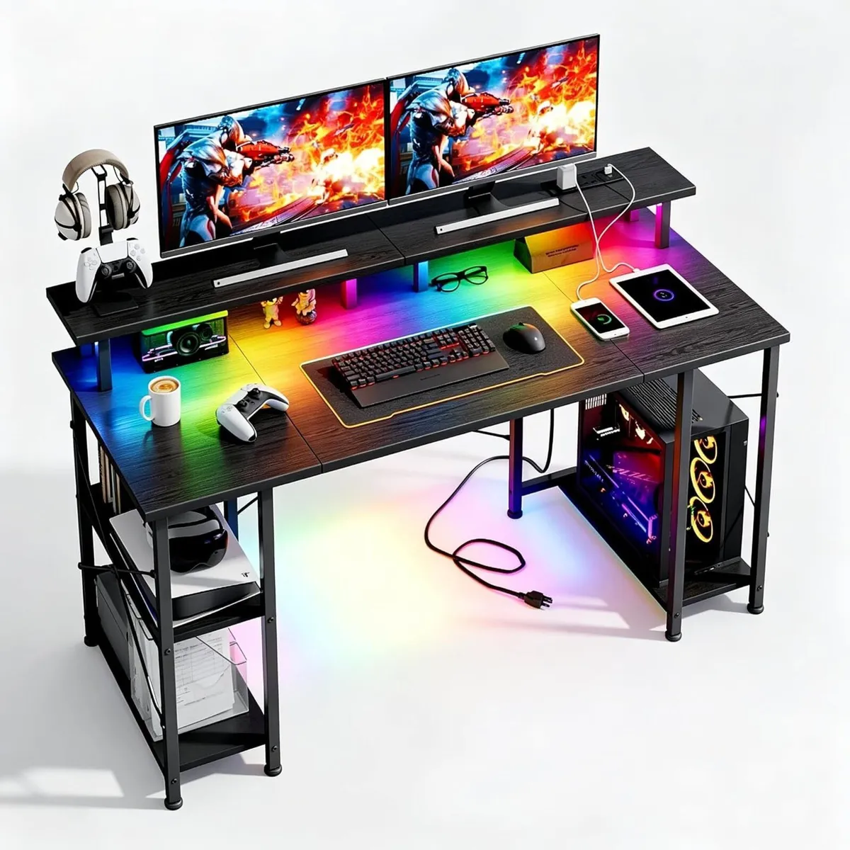 Gaming Desk with LED Lights Power Outlets 120x50CM - Image 1