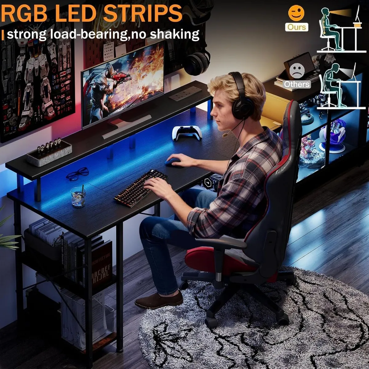 Gaming Desk with LED Lights Power Outlets 120x50CM - Image 4