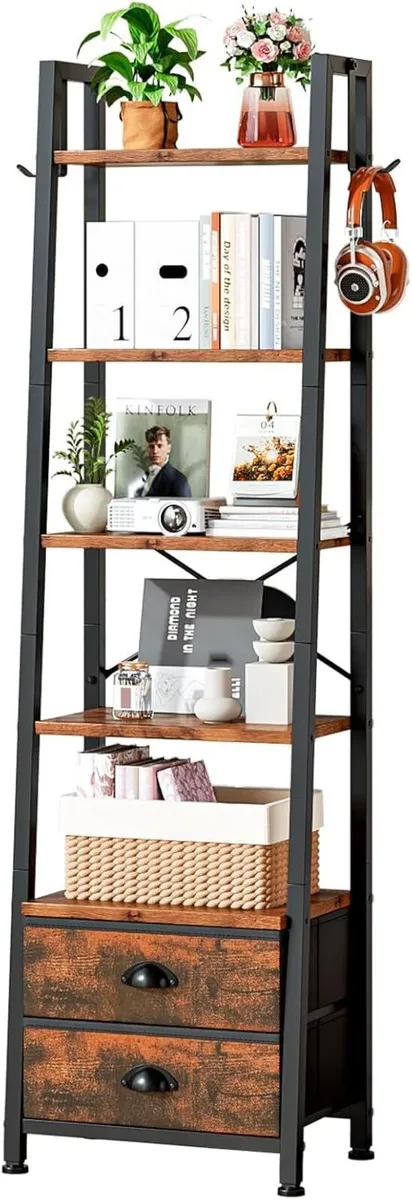 5 Tier Narrow Bookshelf with 2 Fabric Drawers - Image 1