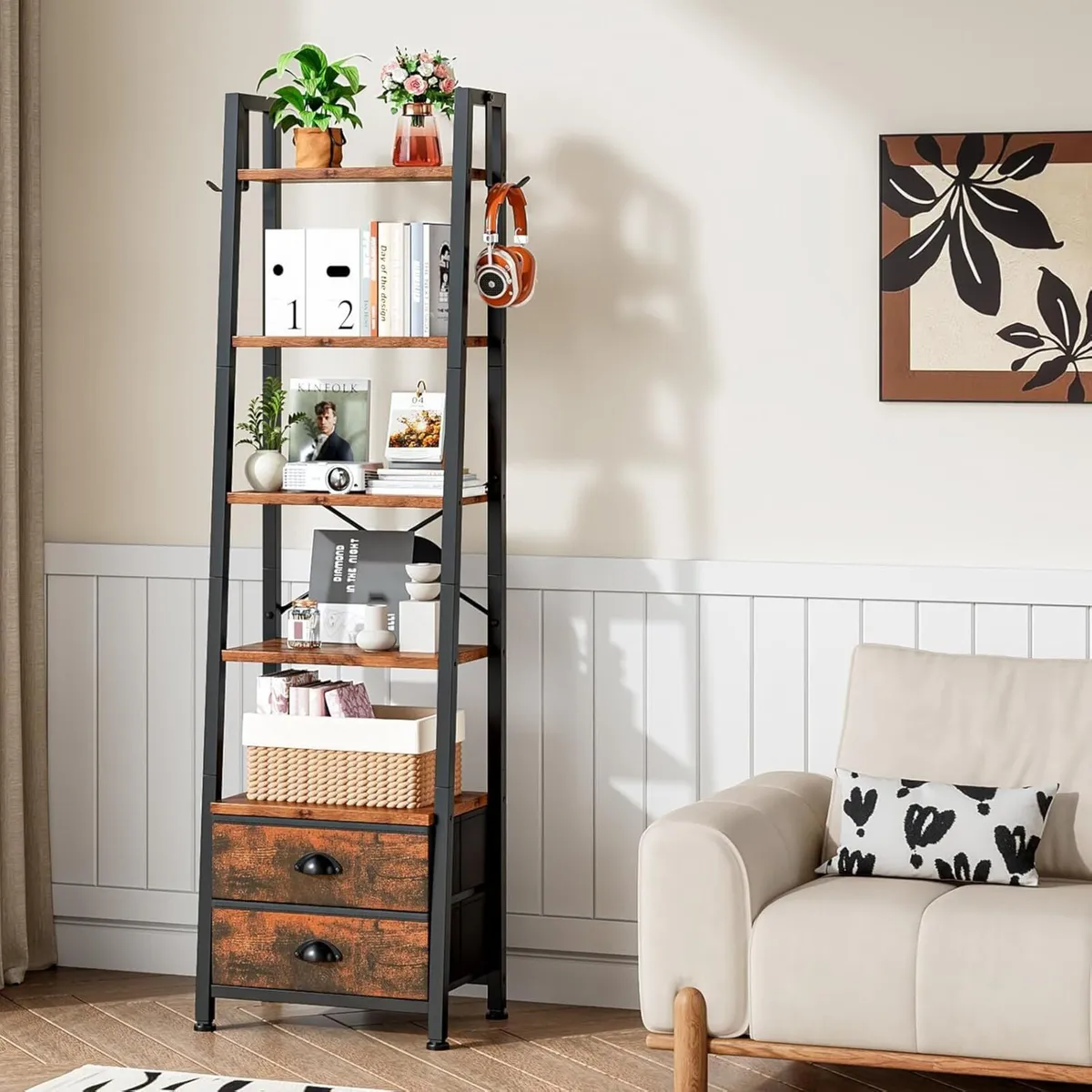 5 Tier Narrow Bookshelf with 2 Fabric Drawers - Image 2