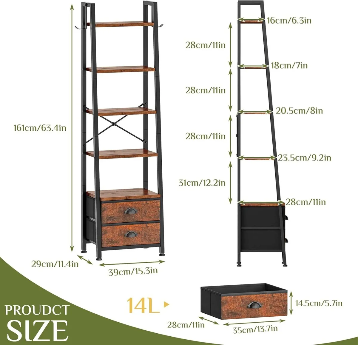 5 Tier Narrow Bookshelf with 2 Fabric Drawers - Image 3