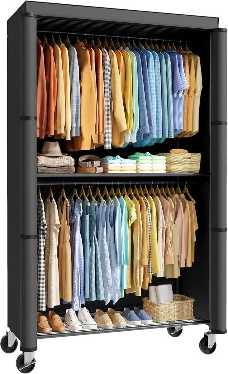 Fabric Wardrobe Clothes Rail with Cover Wheels - Image 1