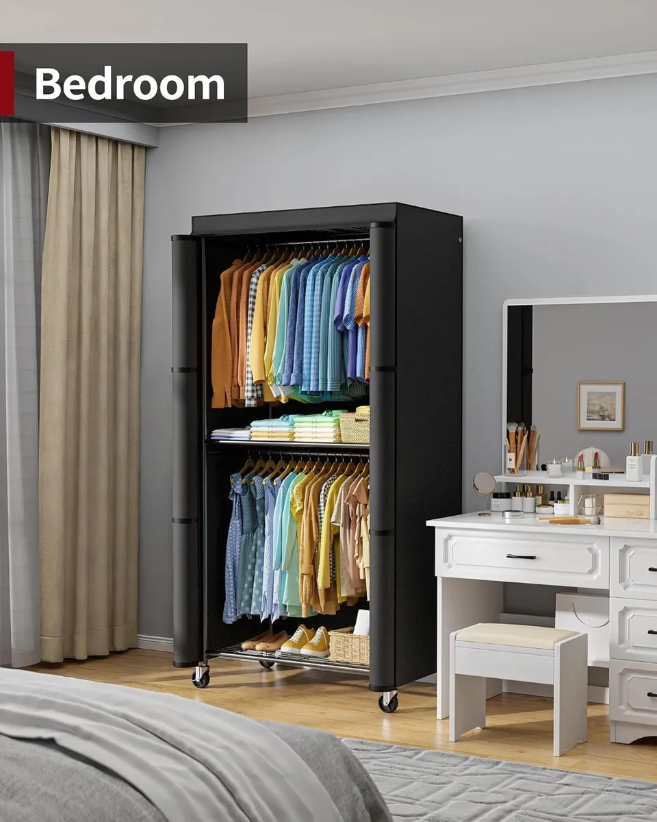 Fabric Wardrobe Clothes Rail with Cover Wheels - Image 2