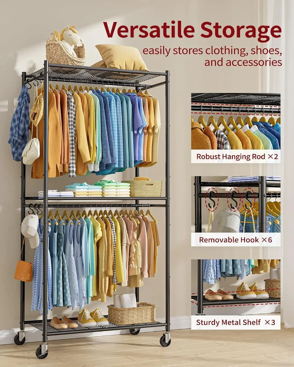Fabric Wardrobe Clothes Rail with Cover Wheels - Image 4