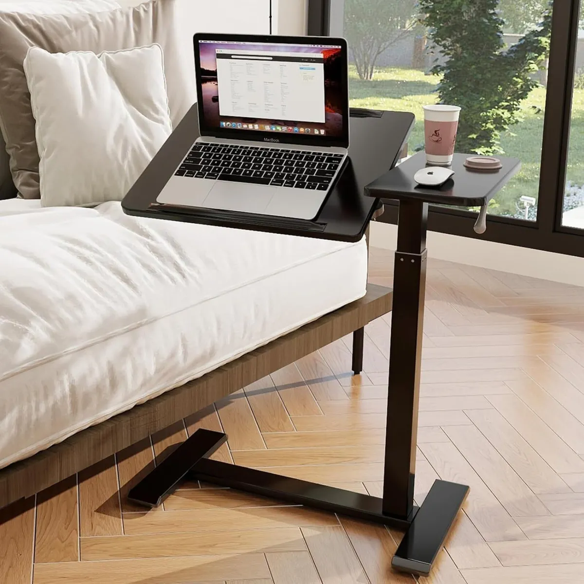 Bed Table with Wheels Adjustable Pneumatic Overbed - Image 1