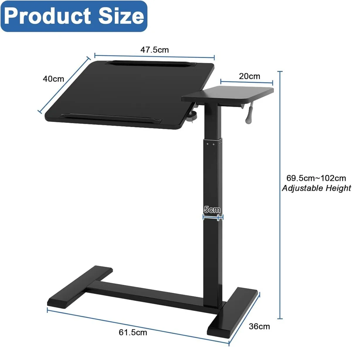 Bed Table with Wheels Adjustable Pneumatic Overbed - Image 2