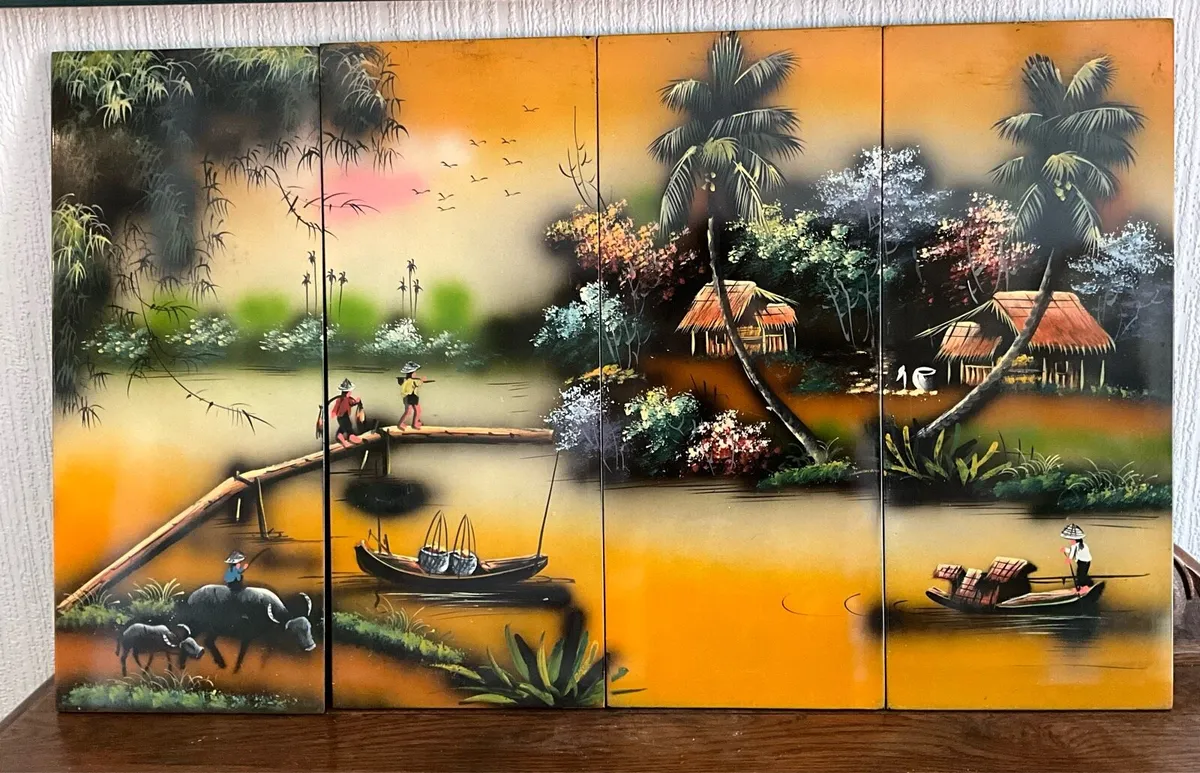 Traditional Asian Lacquered Painting in 4 Panels - Image 1