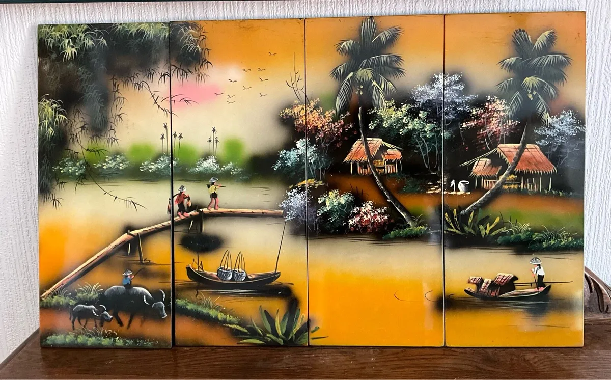 Traditional Asian Lacquered Painting in 4 Panels - Image 2