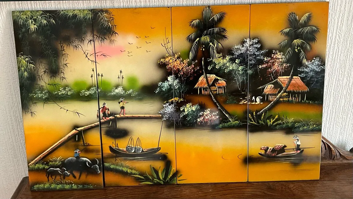 Traditional Asian Lacquered Painting in 4 Panels - Image 4