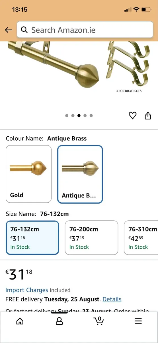 Curtain Pole Antique Brass Extendable 76cm - 132cm - Image 3