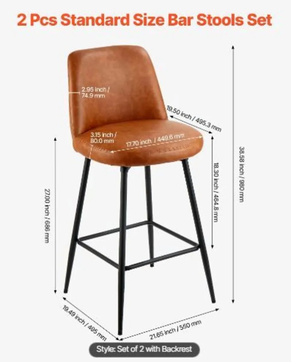 Bar Stool Set of 2, 69cm Counter Height - Image 2