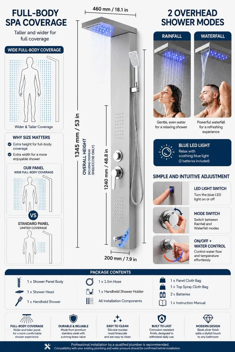 5-in-1 Stainless Steel Shower Panel with LED Rain - Image 2