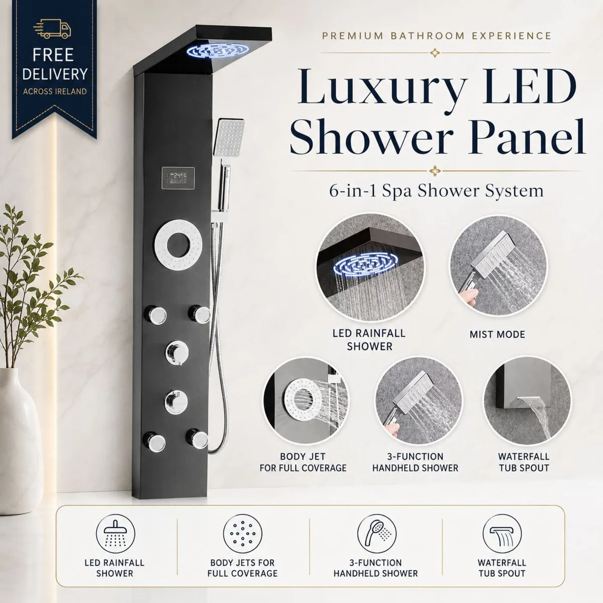 6-in-1 Black Stainless Steel Shower Panel with LED - Image 1