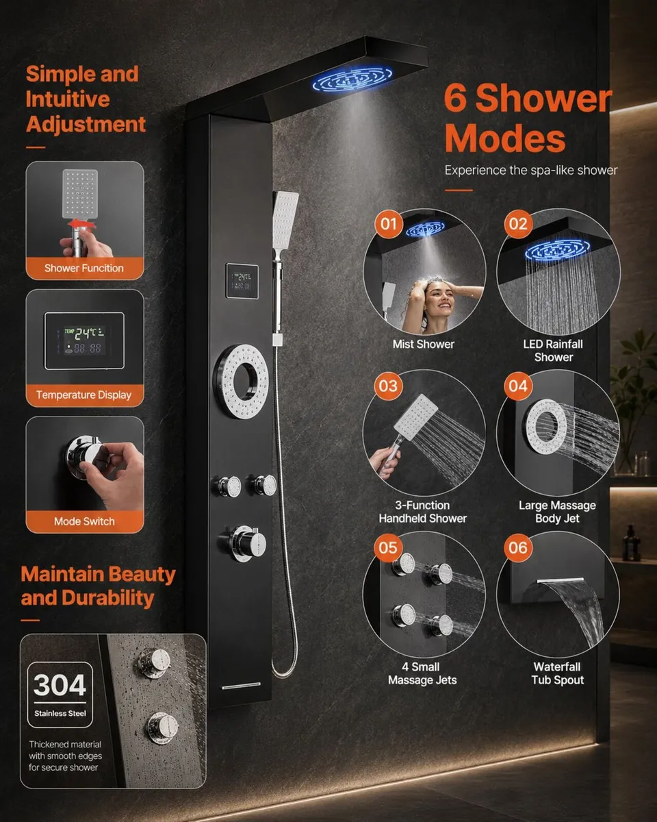 6-in-1 Black Stainless Steel Shower Panel with LED - Image 2