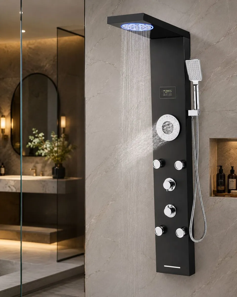 6-in-1 Black Stainless Steel Shower Panel with LED - Image 4