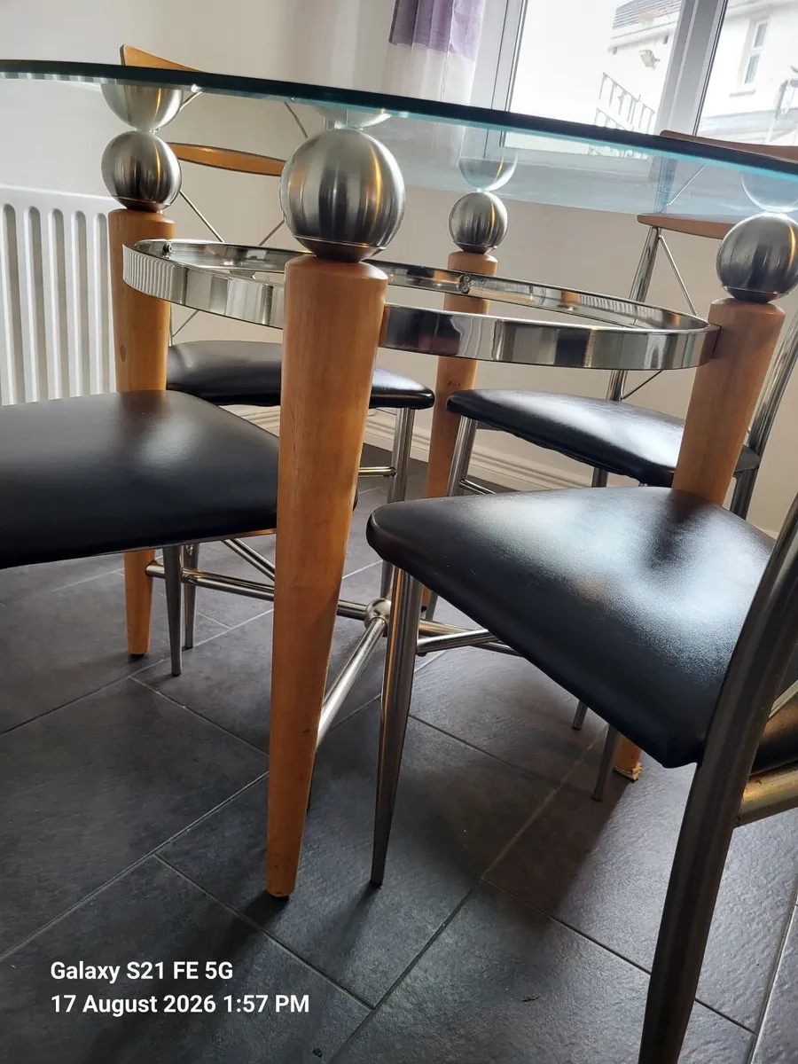 Designer round glass top table & 4 chairs - Image 2