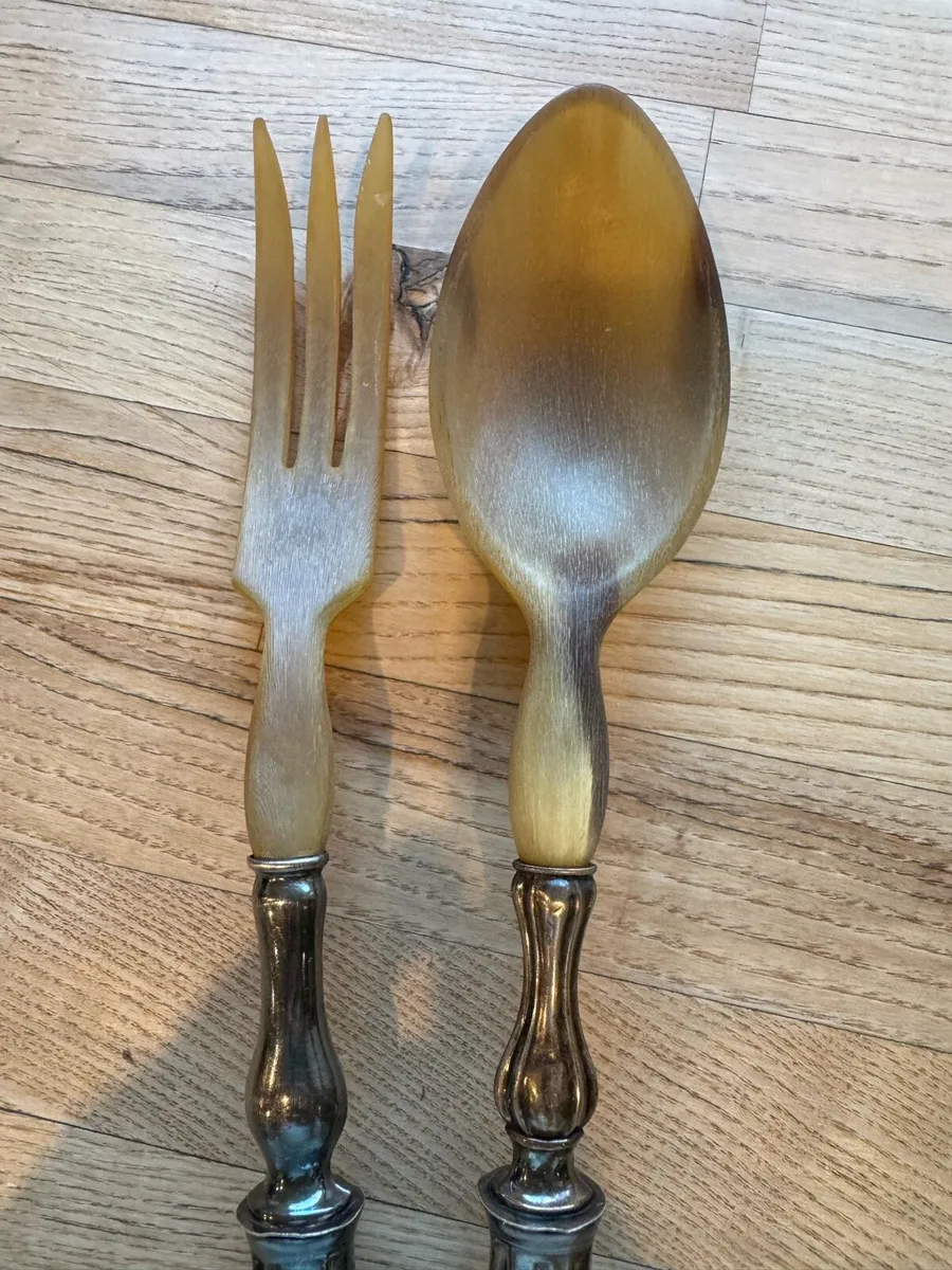 Antique French horn and silver plated salad server - Image 2