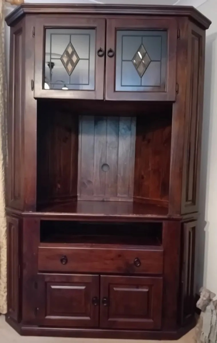 Solid Wood Corner Display Unit / TV Cabinet with Leadted Glass Doors - Image 1