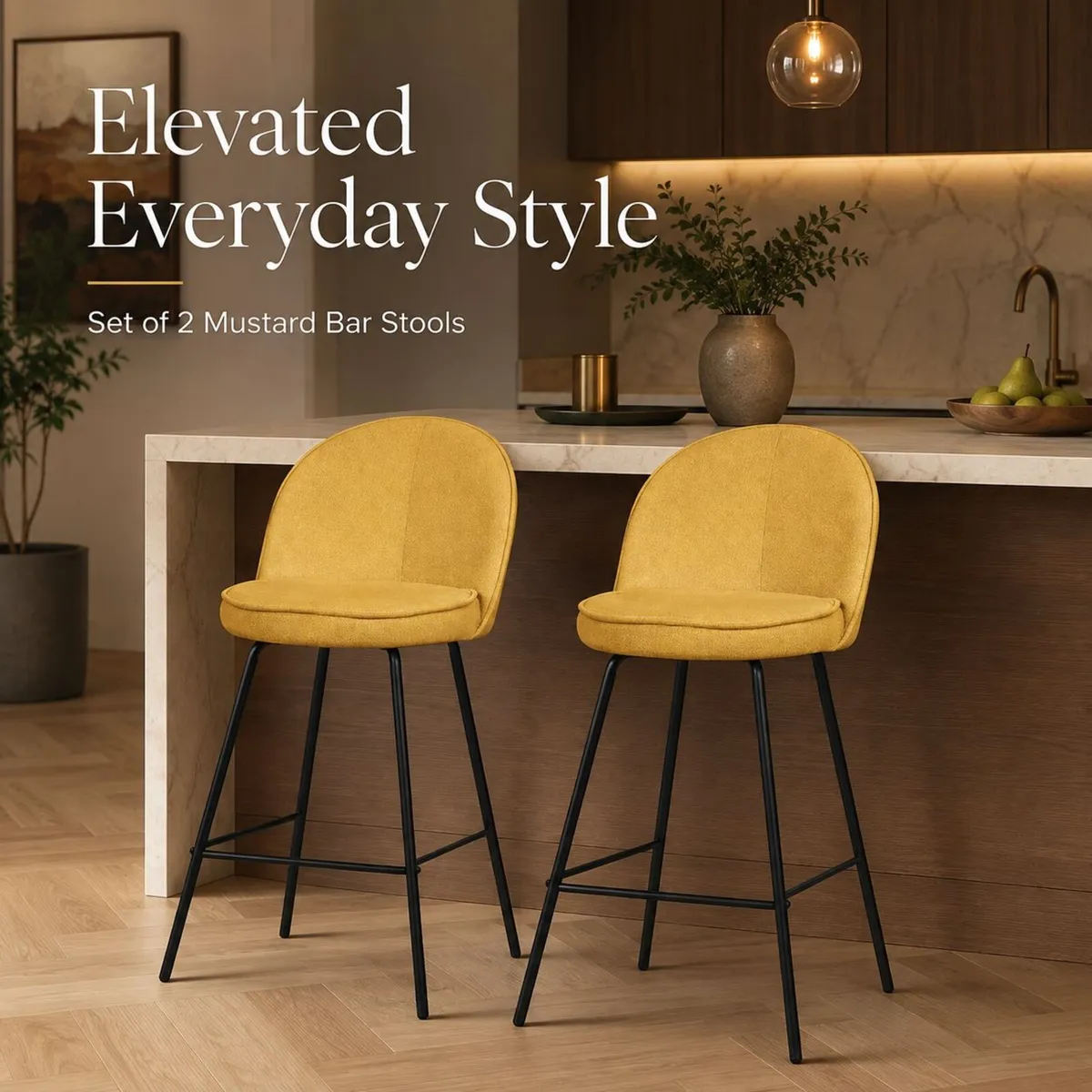 Set of 2 Mustard Upholstered Bar Stools with Backr - Image 1