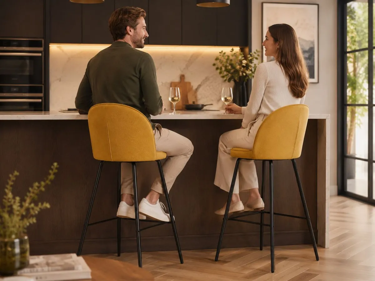 Set of 2 Mustard Upholstered Bar Stools with Backr - Image 2