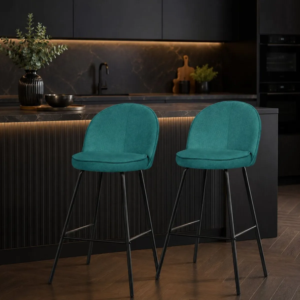 Set of 2 Petrol Upholstered Bar Stools with Bac - Image 1