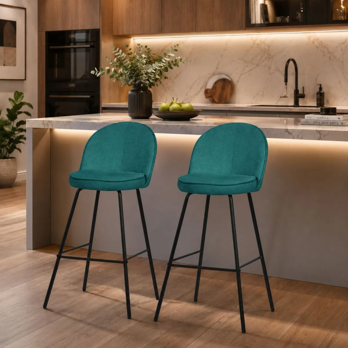 Set of 2 Petrol Upholstered Bar Stools with Bac - Image 2