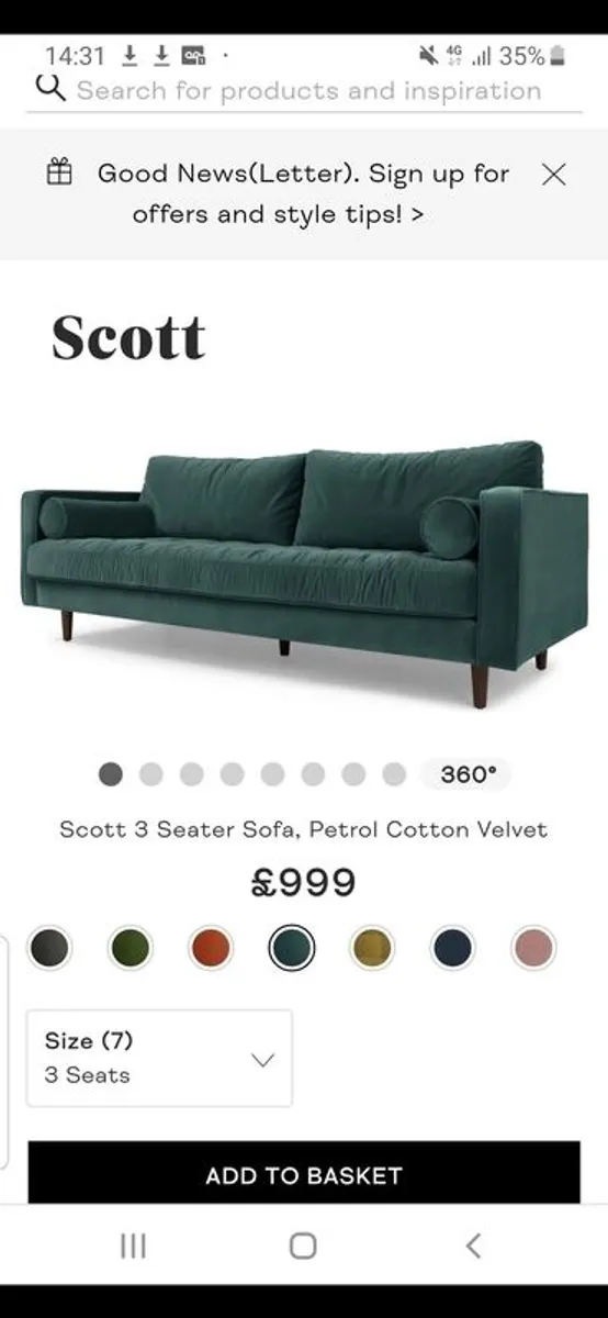 Green Velvet Sofa - Image 2