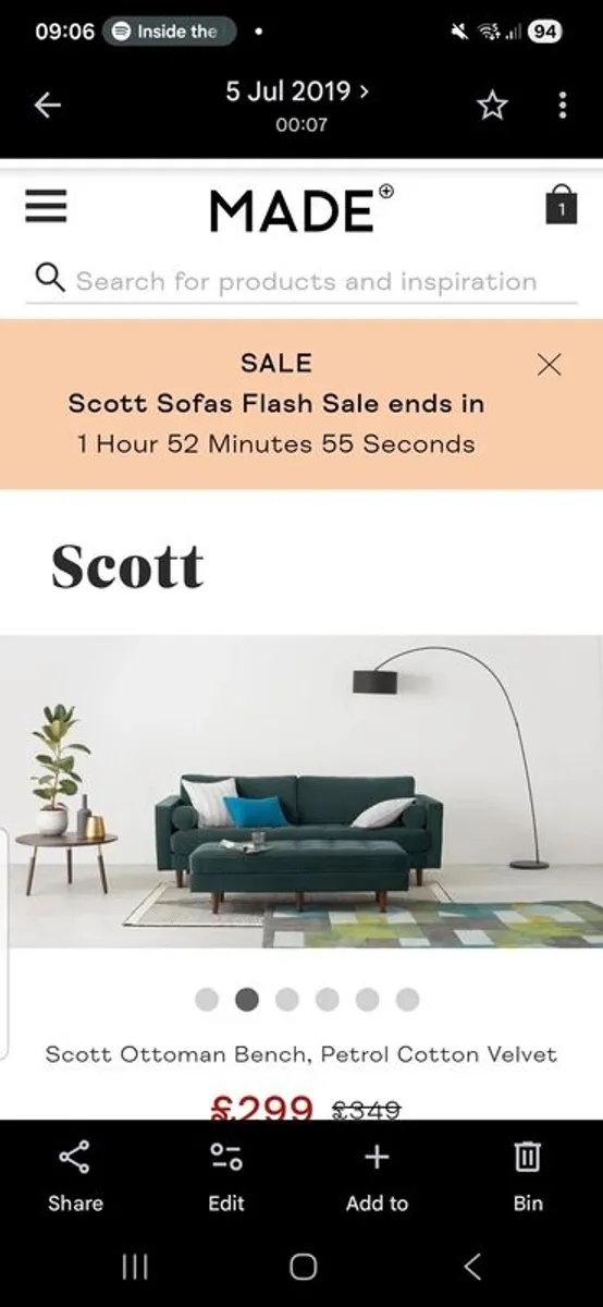 Green Velvet Sofa - Image 3