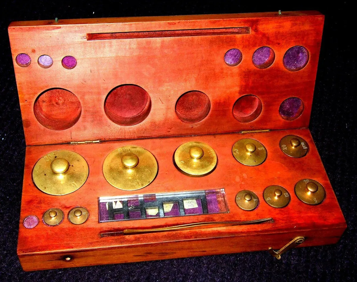 Vintage Brass Apothecary Weight Set in Fitted Wood - Image 1