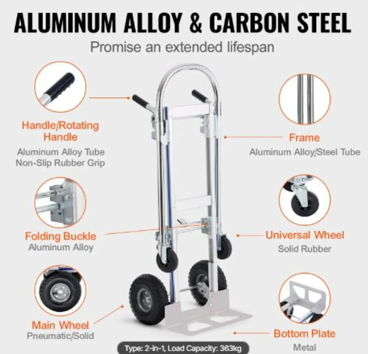 Aluminum Hand Truck,2 in 1,362.9 kg Load Capacity - Image 4