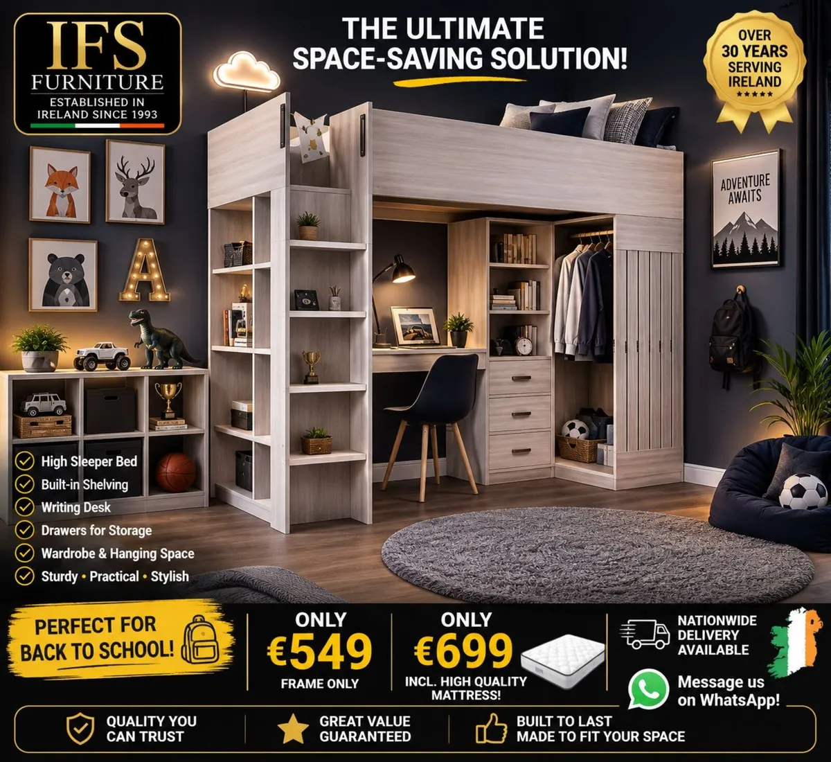 🔥 HIGH SLEEPER BED WITH DESK, WARDROBE & STORAGE