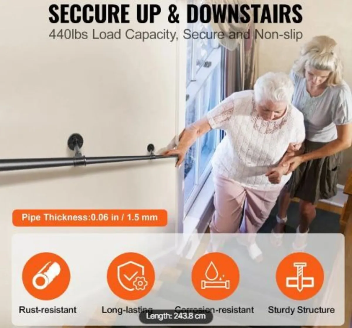 Pipe Stair Handrail, 243.8 cm Staircase Handrail - Image 3